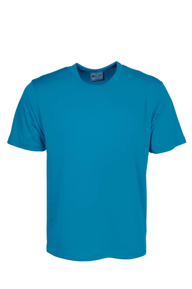 A plain teal micromesh t-shirt for unisex adults, featuring short sleeves and a crew neckline. It has a label inside.