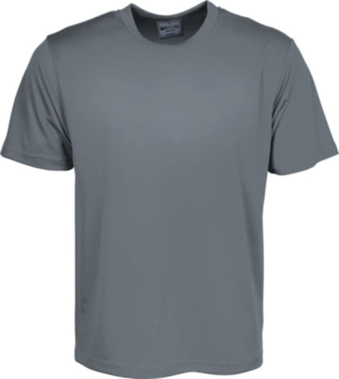 A plain grey unisex micromesh T-shirt with short sleeves and a brand label.