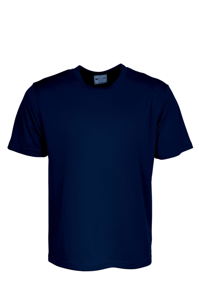 A plain navy blue micromesh tee shirt for unisex adults, featuring short sleeves and a round neckline.