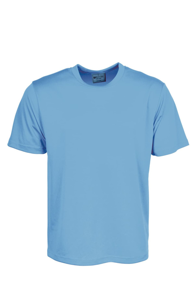 A plain blue micromesh tee shirt for unisex adults, featuring a logo on the label.