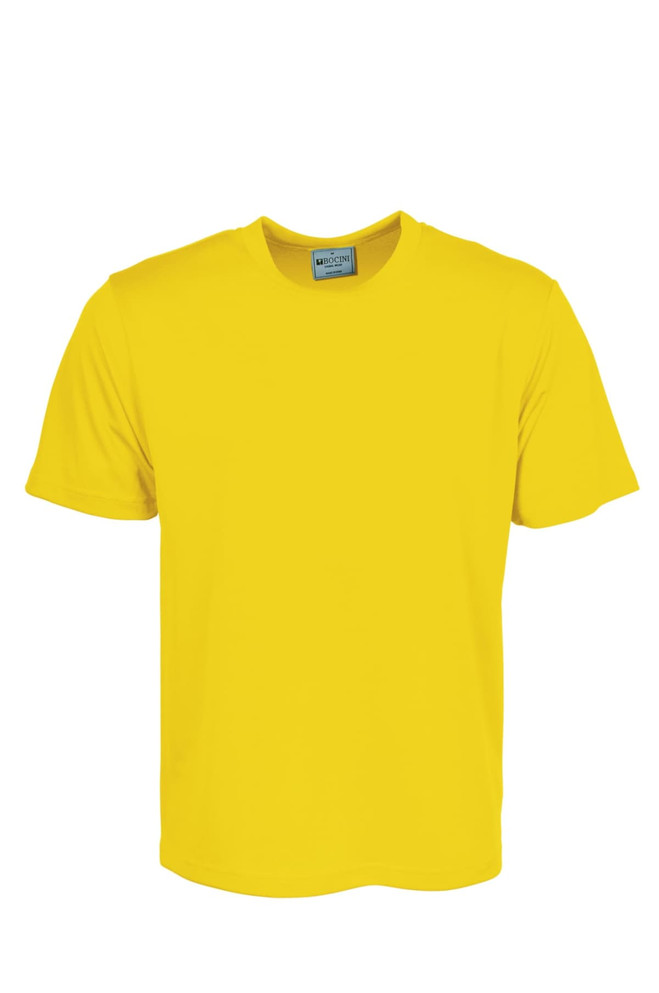 A bright yellow unisex plain micromesh tee shirt with a tag inside and no visible logos.