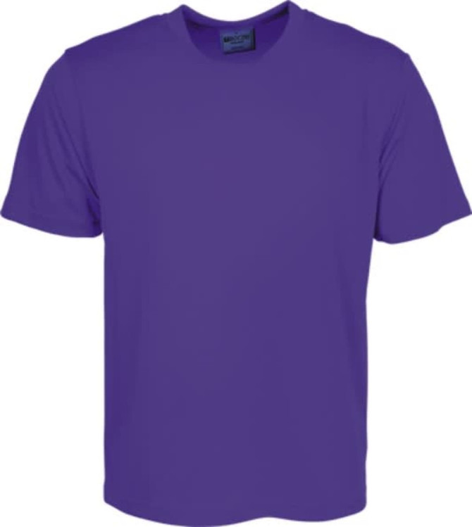 A plain purple micromesh T-shirt for unisex adults, featuring short sleeves and a crew neck.