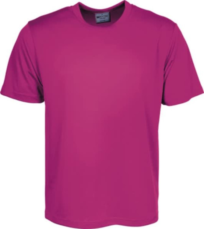 A plain micromesh T-shirt in vibrant magenta, featuring short sleeves and a round neckline. It has a branding logo.