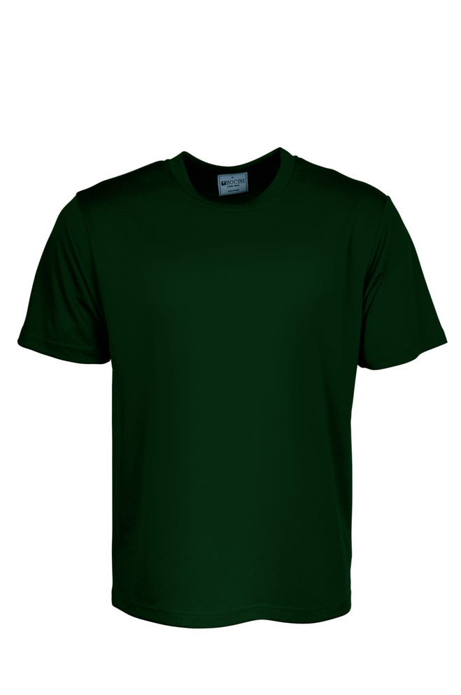 A dark green micromesh T-shirt with short sleeves and a crew neck, featuring a logo.