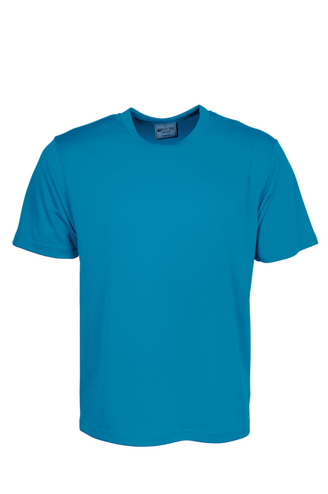 A bright blue micromesh T-shirt with a crew neck and short sleeves. It features a logo on the label.