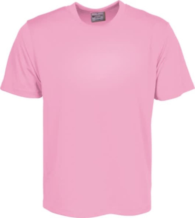 A pink micromesh T-shirt featuring short sleeves and a label inside the neckline. It has a simple design.