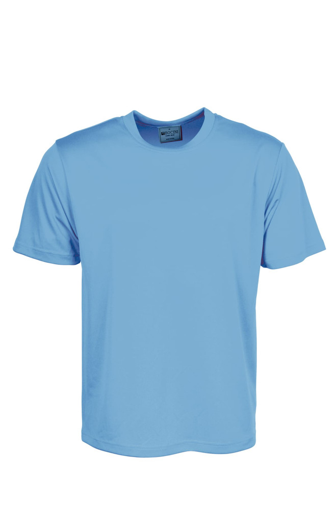 A light blue plain micromesh t-shirt featuring short sleeves and a crew neck, with a logo on the label.