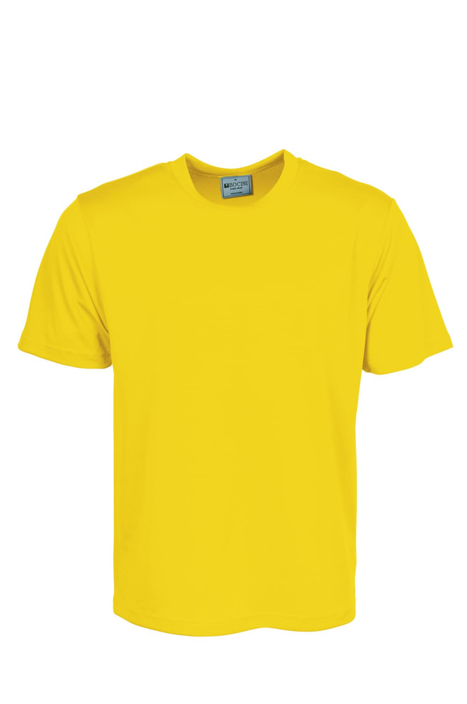 A bright yellow micromesh tee shirt with a crew neck and short sleeves. It features a logo on the label.