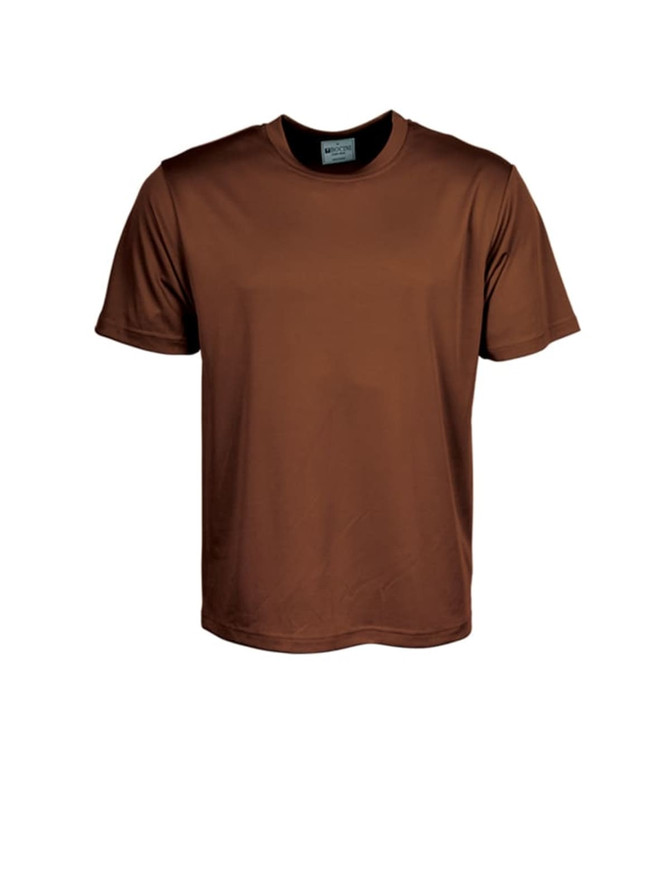 A brown micromesh T-shirt with short sleeves and a round neck, featuring a logo on the inside label.