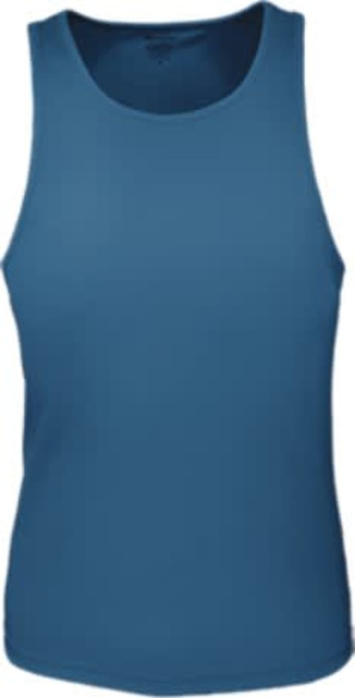 A blue ladies' brushed action back singlet with a simple design and a logo on the front.