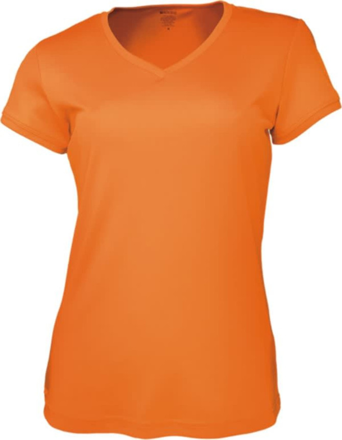 An orange ladies' brushed v-neck tee shirt with a fitted design and branding on the label.