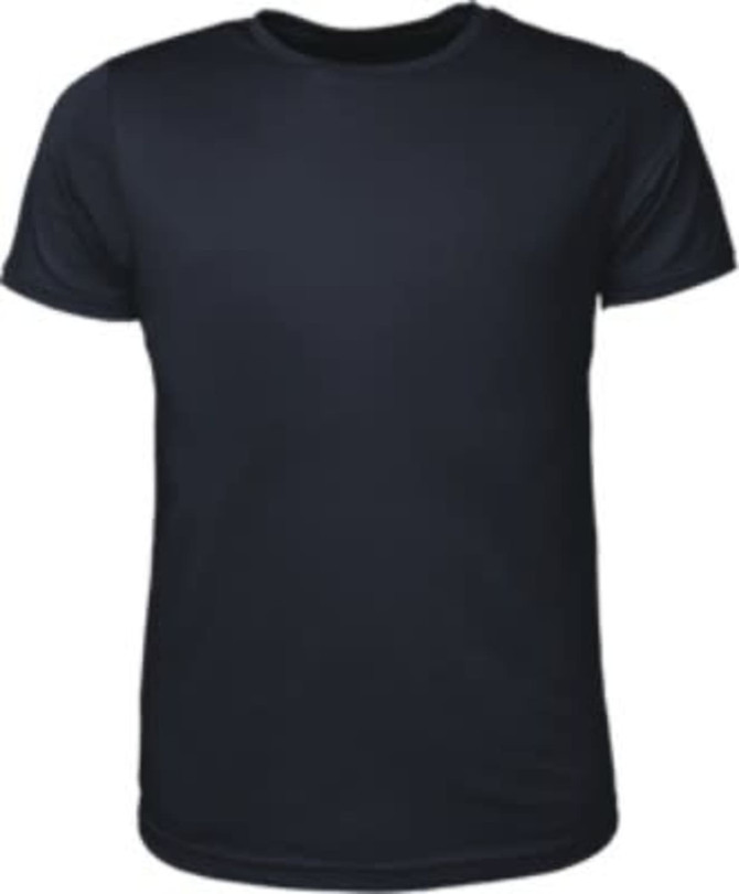 A black brushed tee shirt with a round neckline. Features a logo on the front.