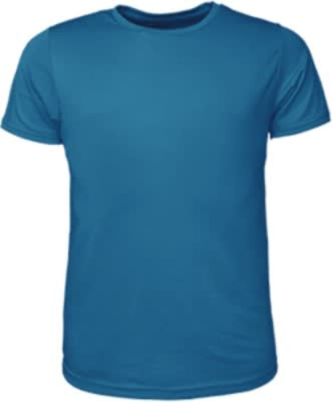 A blue brushed T-shirt featuring a round neckline and short sleeves, with a logo on the front.