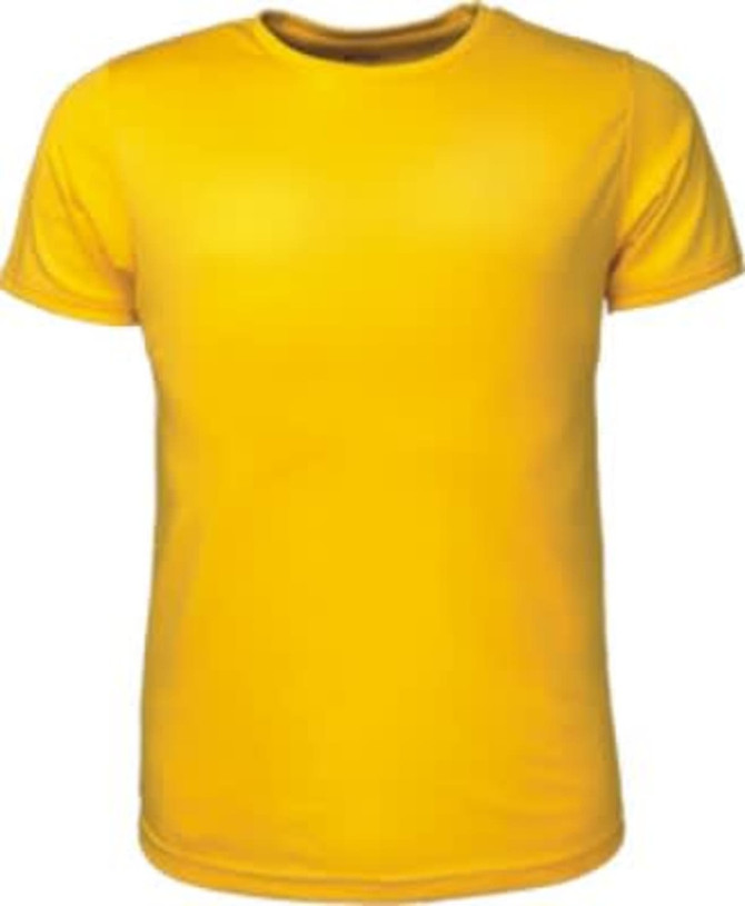 A bright yellow kids' brushed T-shirt featuring a crew neck and short sleeves. The shirt has a logo on it.