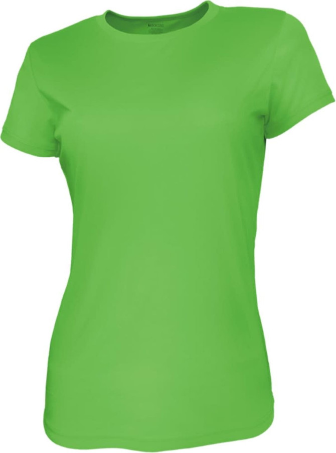 A bright green ladies' brushed tee shirt featuring a classic round neck and short sleeves. It has a logo on the label.