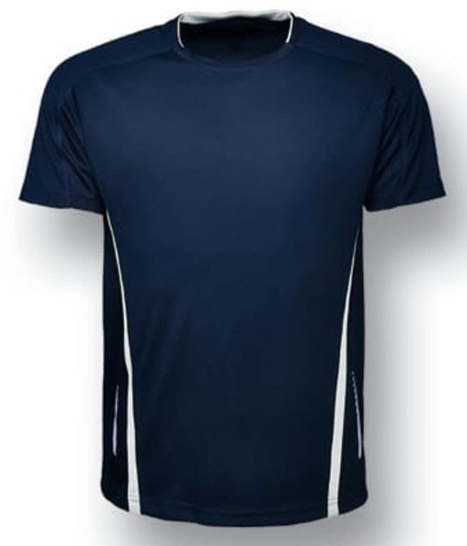 A navy blue unisex sports tee featuring white accents and short sleeves, with a branding logo visible.