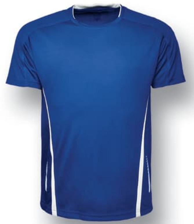 A blue unisex sports tee featuring white side accents and a logo on the front. Suitable for active wear.