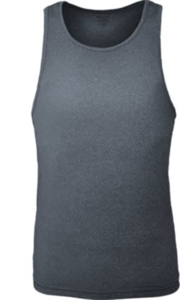 A grey men's athletics singlet with a sleeveless design and a simple fit. It features a logo on the front.