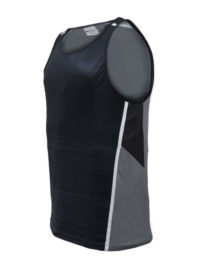 A navy and grey unisex sublimated panel singlet with a logo, featuring contrasting panels and a sleek design.