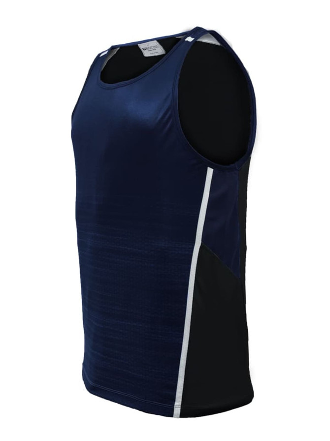 A navy blue unisex singlet featuring black side panels and a subtle texture, with a logo visible on the label.