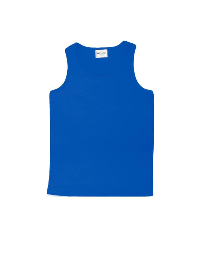 A blue unisex micromesh singlet with a classic sleeveless design and a label at the neckline.