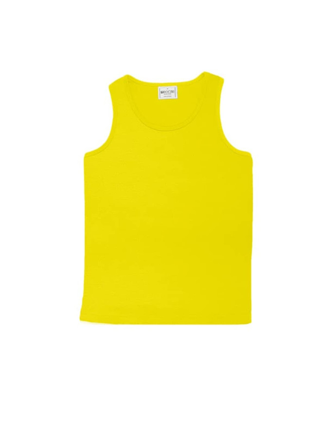 A bright yellow unisex micromesh singlet featuring a round neckline and no sleeves. It has a label inside.