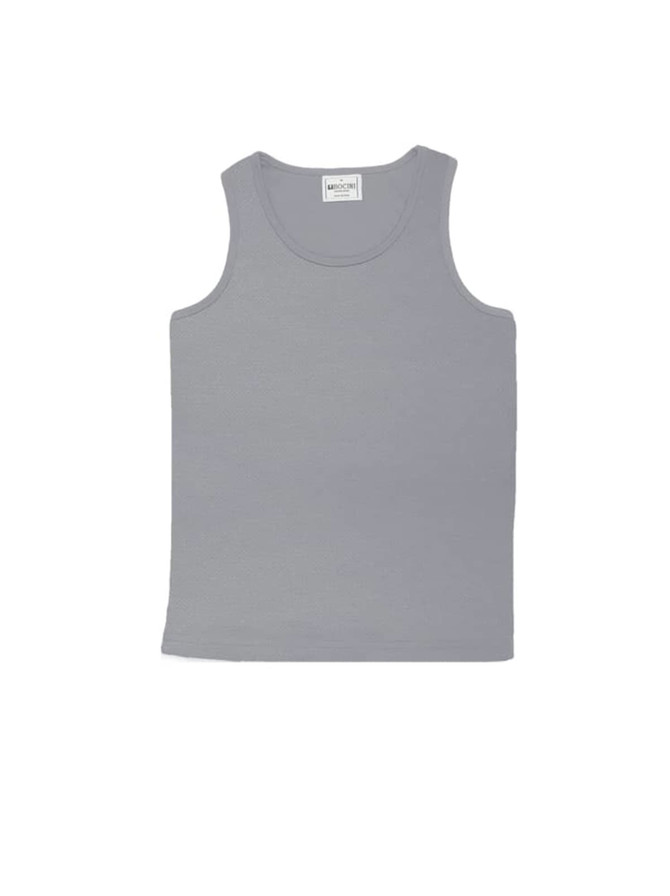 A grey micromesh singlet featuring a round neckline and wide shoulder straps, with a logo label.