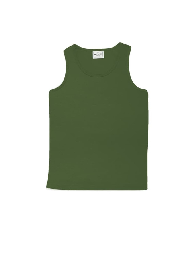 A green micromesh singlet with a round neckline and no sleeves, featuring a label inside.
