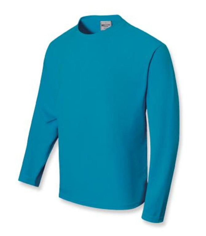 A turquoise unisex long sleeve tee shirt with a round neck and no visible logos.