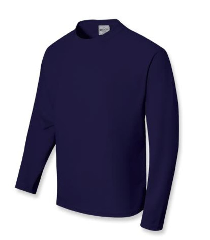A navy unisex long sleeve tee shirt with a simple design and a round neckline, featuring a logo.