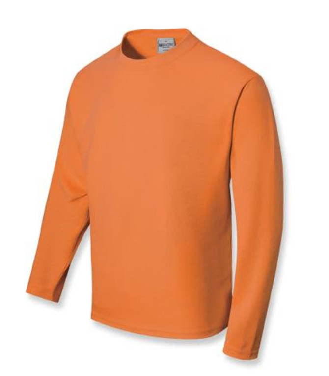 An orange long sleeve tee shirt for unisex adults, featuring a classic crew neck design and a logo.