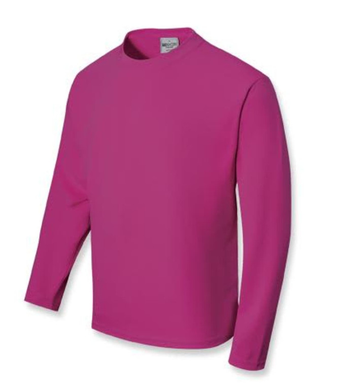 A long sleeve tee shirt in vibrant pink, featuring a round neck and a logo on the tag.