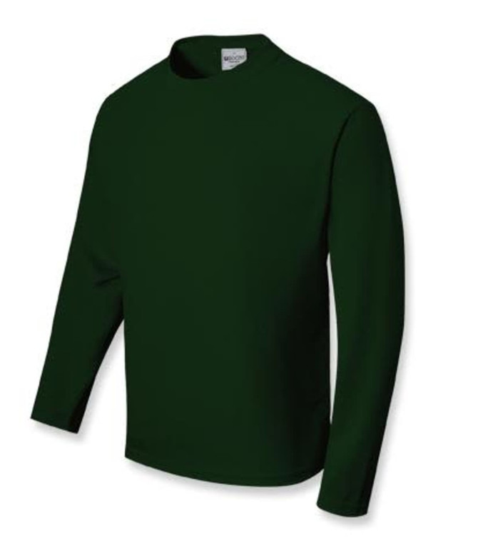 A long sleeve tee shirt in dark green with a round neckline and a logo on the label.
