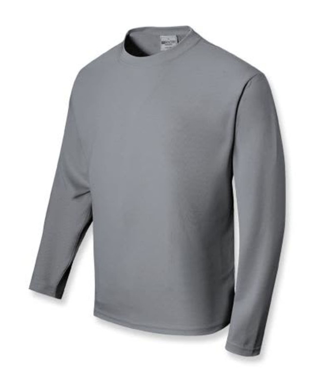 A long sleeve tee shirt in grey, featuring a round neckline and a logo on the label.
