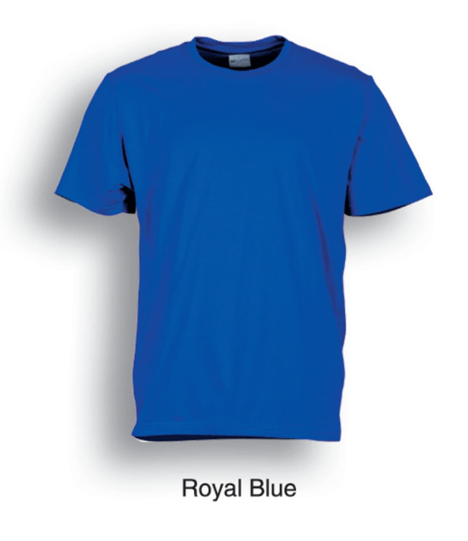 A royal blue unisex plain cotton T-shirt displayed front-facing, featuring a logo on the label.