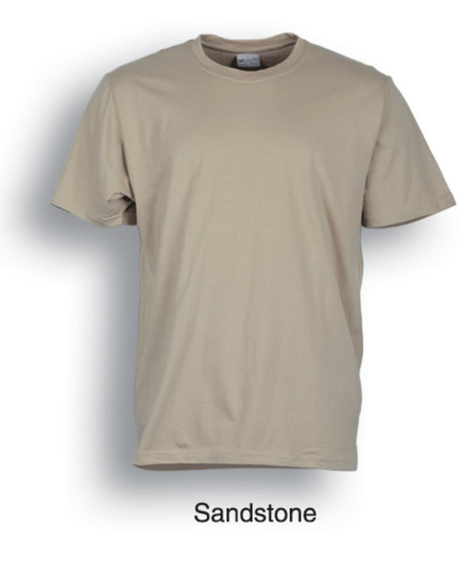 A plain cotton T-shirt in sandstone colour with a round neckline and short sleeves. It features a logo on the label.