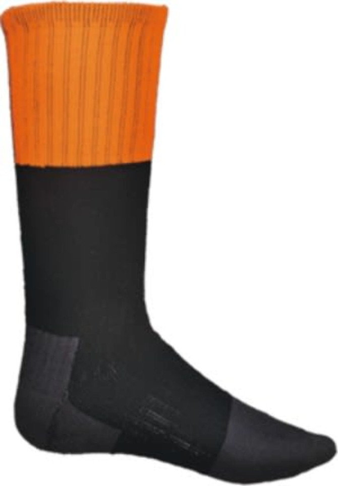 Unisex adults hi-vis socks featuring a black body and bright orange ribbed top, with a logo present on the design.