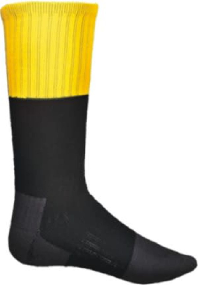 Unisex adults hi-vis socks featuring a black body with a bright yellow ribbed top. Includes a branding logo.