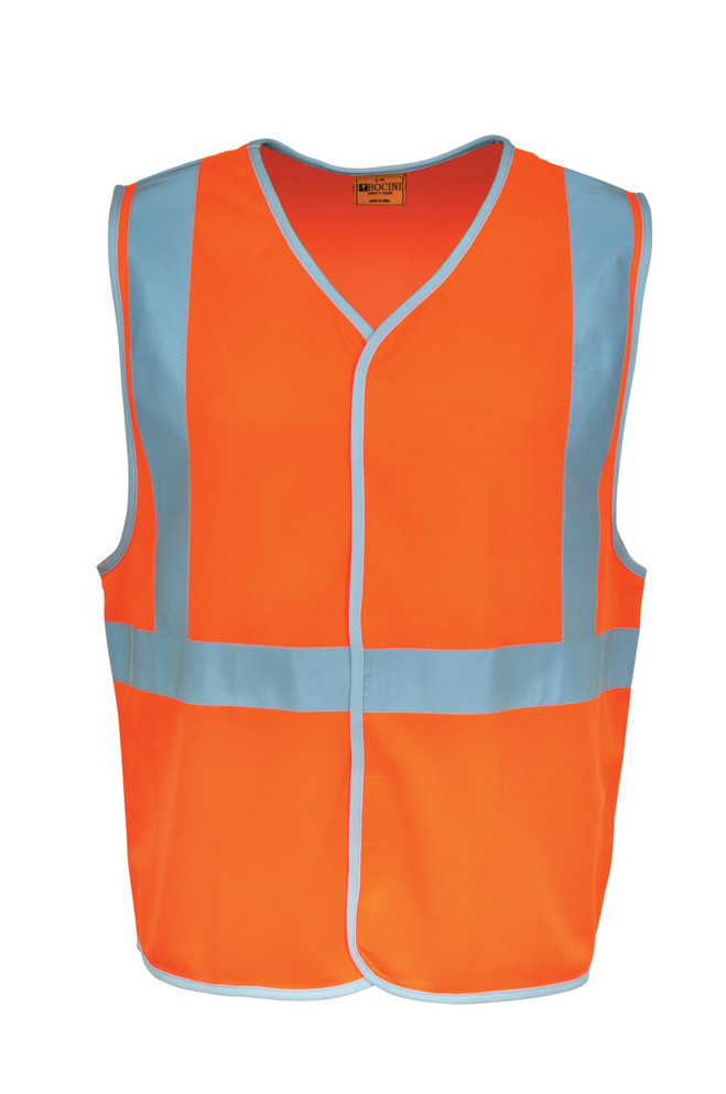 A hi-vis vest in bright orange with reflective blue crossing tape. It has a logo on it.