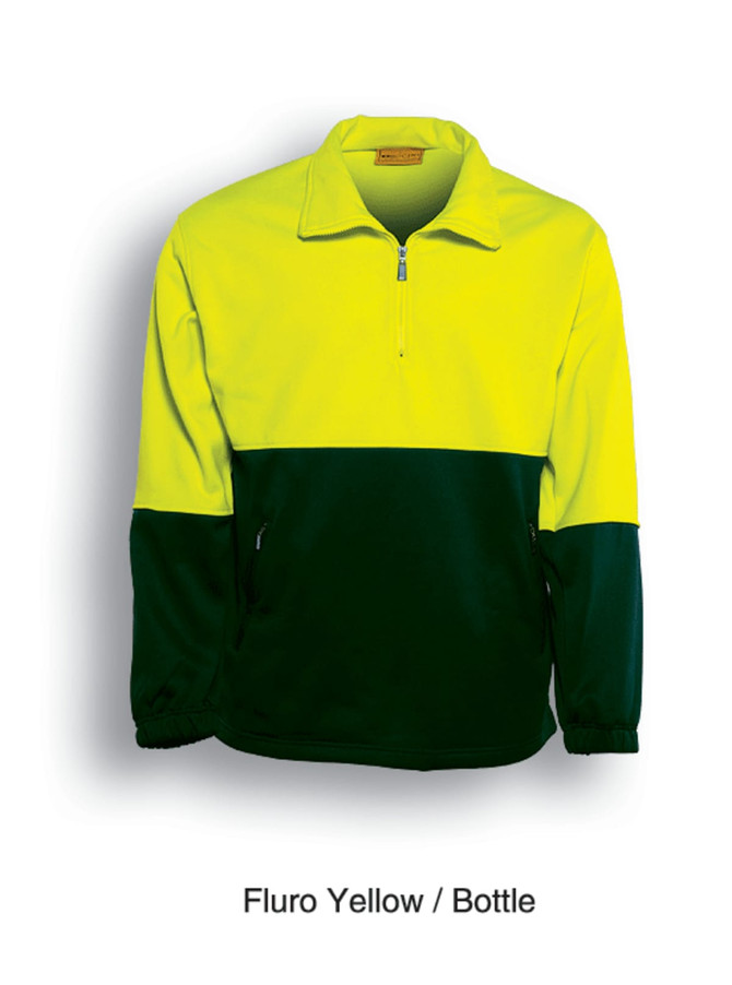 A fluro yellow and bottle green unisex half-zip fleece work jumper with side pockets and a logo.