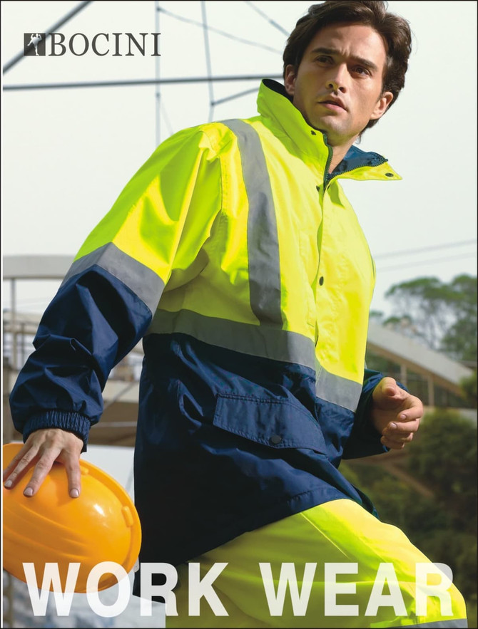 A reflective, unisex hi-vis jacket in bright yellow and navy, featuring mesh lining and reflective tape.
