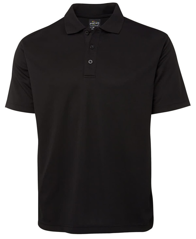 A black short-sleeve polo shirt with a collar and three buttons, featuring a logo.