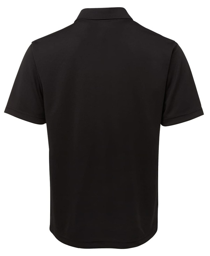 A black polo shirt featuring a classic collar and short sleeves, with a logo on the back.
