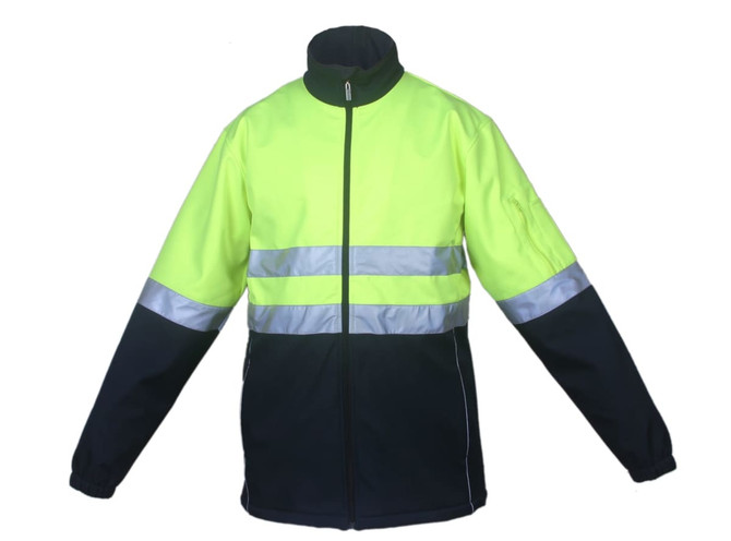 A high-visibility soft shell jacket in bright yellow and navy blue with reflective tape and a logo.