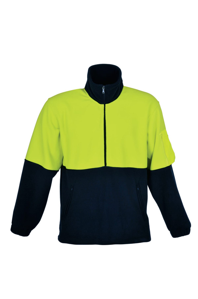 A unisex adults hi-vis half zip polar fleece in fluorescent yellow and navy, featuring a zip and a logo.