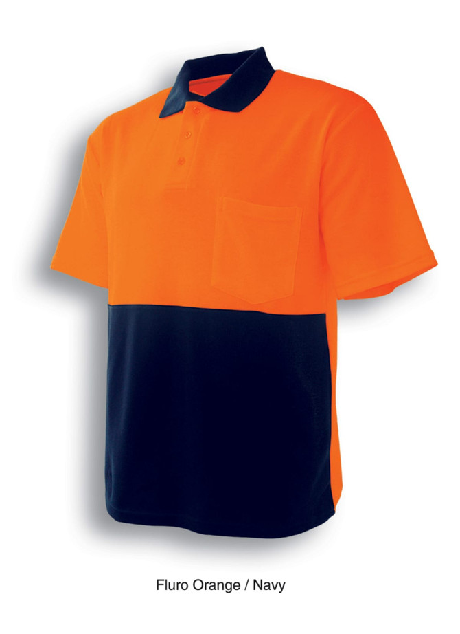 A short-sleeved polo shirt in fluro orange and navy, featuring a pocket and a logo.
