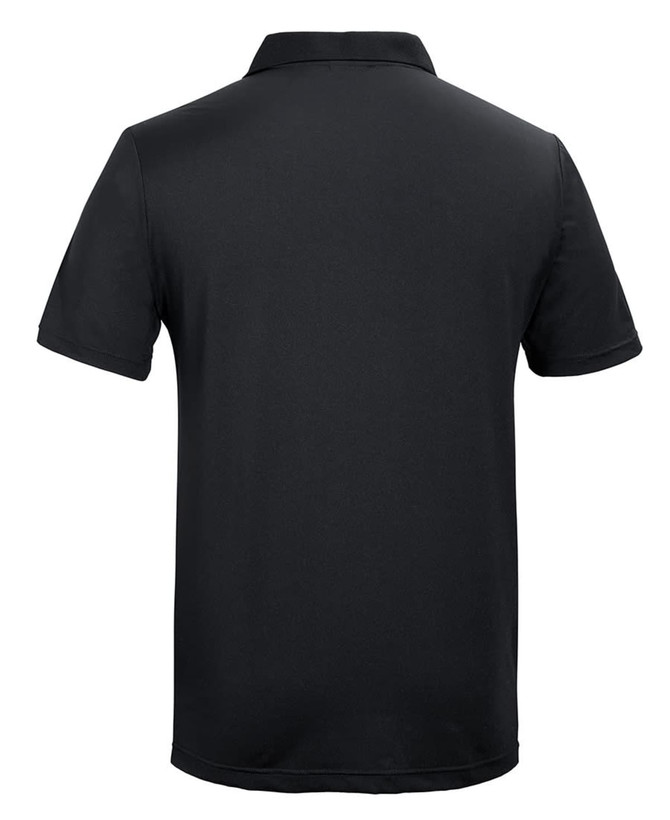 A black polo shirt with a classic short-sleeve design and a collar. It features a logo on the garment.