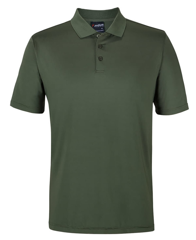 An olive green polo shirt with a collared neck and three buttons, featuring a logo on the label.