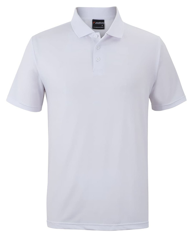 A white polo shirt featuring a collar, short sleeves, and a logo on the chest.