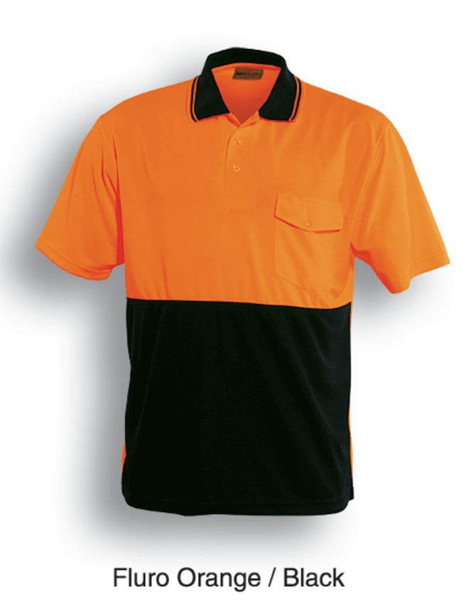 A Hi-Vis safety polo shirt in fluro orange and black, featuring short sleeves and a pocket. Includes a logo.